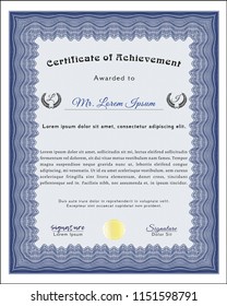 Blue Sample Diploma. Printer friendly. Good design. Vector illustration. 