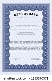 Blue Sample Diploma. With quality background. Detailed. Money Pattern design. 