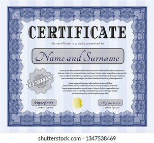 Blue Sample Diploma. With quality background. Customizable, Easy to edit and change colors. Money style design. 