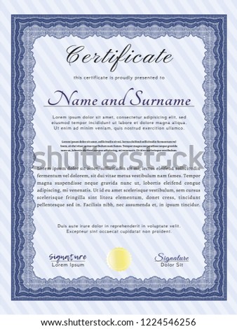 Blue Sample Diploma. With quality background. Customizable, Easy to edit and change colors. Money style design. 