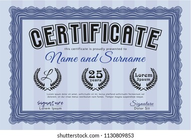 Blue Sample Diploma. Retro design. With guilloche pattern and background. Customizable, Easy to edit and change colors. 