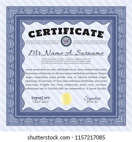 Blue Sample Diploma. Retro design. Vector illustration. With great quality guilloche pattern. 