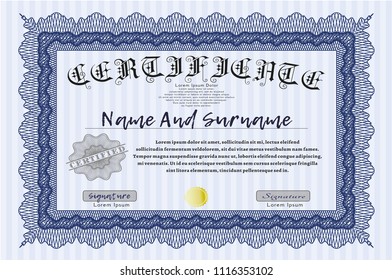 Blue Sample Diploma. Sophisticated design. With complex background. Customizable, Easy to edit and change colors. 