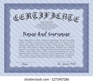 Blue Sample Diploma. Superior design. With complex linear background. Customizable, Easy to edit and change colors. 