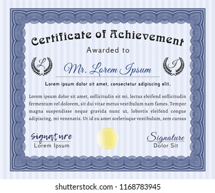 Blue Sample Diploma. Vector illustration. With background. Elegant design. 