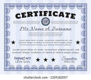 Blue Sample Diploma. Vector illustration. With complex background. Cordial design. 
