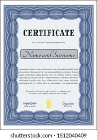 Blue Sample Diploma. Vector illustration. With great quality guilloche pattern. Perfect design. 