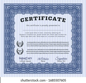 Blue Sample Diploma. Vector illustration. Complex background. Cordial design. 