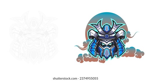 blue samurai vector with a combination of clouds and moon