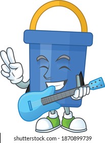 Blue sand bucket cartoon character style plays music with a guitar. Vector illustration