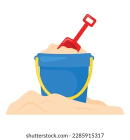 Blue sand bucket with shovel and sand doodle. concept of children's beach summer vacation. flat vector illustration isolated on white background