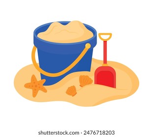 Blue Sand bucket with shovel, starfish and clam. Kid toys for building sand castle in beach vacation. Summer doodle icon vector illustration isolated on transparent background