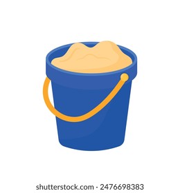 Blue Sand bucket with yellow handle. Kid toys for building sand castle in beach vacation. Summer doodle icon vector illustration isolated on transparent background