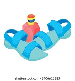 Blue sandal icon isometric vector. Pair of women sandal and perfume bottle icon. Summer footwear