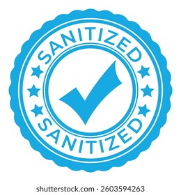 Blue Sanitized isolated rubber stamp, sticker, sign with Check Mark and Stars vector illustration