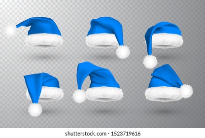 Blue Santa Claus hat isolated on transparent background. Gradient mesh Santa Claus cap with fur. Vector illustration.