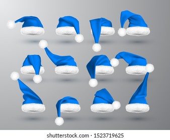 Blue Santa Claus hat isolated on gray background. Gradient mesh Santa Claus cap with fur. Vector illustration.