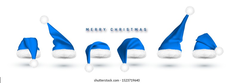 Blue Santa Claus hat isolated on white background. Gradient mesh Santa Claus cap with fur. Vector illustration.