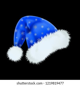 Blue Santa Claus hat with the pattern of silver snowflakes . Mesh.
