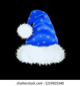 Blue Santa Claus hat with the pattern of silver snowflakes . Mesh.