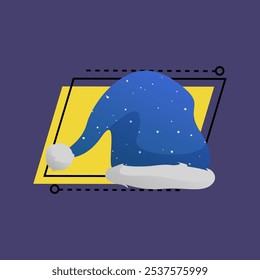 Blue Santa Claus hat with snowfall pattern. Christmas cap, costume, white fur. Xmas concept. Vector illustration can be used for topics like December holiday, merry Christmas, New Year party