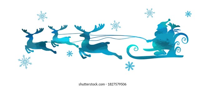 Blue Santa Claus in a sleigh rides on deer. Vector illustration