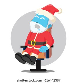 blue santa clause sleeping on a chair