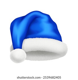 Blue Santa hat decorated with hanging pompom realistic vector illustration. New year party headgear view 3d model on white background