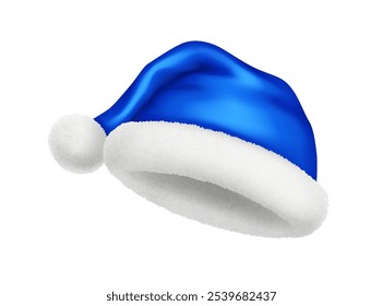 Blue Santa hat with pompom and decorative fur realistic vector illustration. Christmas masquerade party accessory 3d model on white background