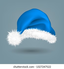 Blue Santa Hat Vector. Traditional Costume. Winter Symbol. December Sign. Santa Claus Holiday Blue And White Cap. Winter Christmas Design. Isolated Realistic Illustration
