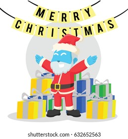 blue santa with lots of presents