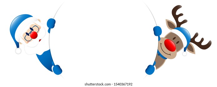 Blue Santa And Reindeer Looking Outside Round Banner