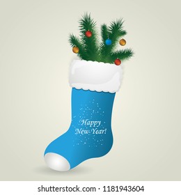 Blue Santa's sock with pine. Vector illustration. Christmas background. Sumbols of 2019 year