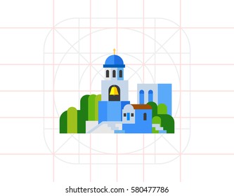 Blue Santorini church landscape icon