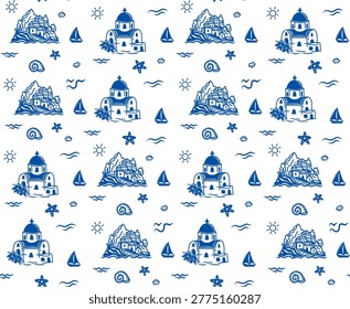 Blue Santorini travel seamless pattern with tiny churches, island houses, suns, waves, olives and Mediterranean icons. Vector illustration.