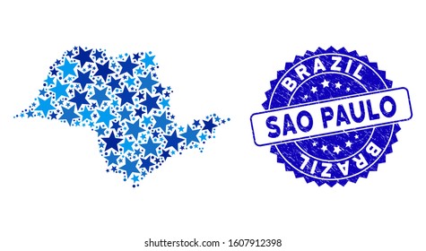 Blue Sao Paulo State map mosaic of stars, and grunge round seal. Abstract geographic plan in blue color hues. Vector Sao Paulo State map is formed of blue stars.