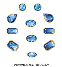 Blue sapphires different cut - round, drop, pear, oval, octagon and race. Brilliant three-dimensional jewelry on a white background. Isolated Objects