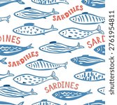 Blue sardine fish and text seamless pattern. Hand drawn cute Mediterranean seafood wallpaper, funny mackerel, anchovy print, repeat background. Vector textile design, wrapping paper, fabric.