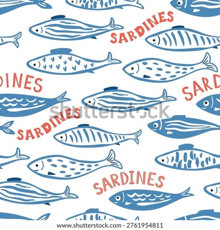 Blue sardine fish and text seamless pattern. Hand drawn cute Mediterranean seafood wallpaper, funny mackerel, anchovy print, repeat background. Vector textile design, wrapping paper, fabric.