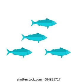 Blue Sardine Run Vector Illustration In Flat Design. Cartoon Fish Shoal Isolated On White Background. Herring Or Anchovy School In Flat Design.