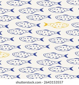 Blue sardines little fish seamless pattern. Cartoon hand drawn fishes, marine underwater animal background for wrapping paper, textile, wallpaper design. Vector texture.