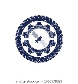 Blue satelite icon inside distressed grunge stamp