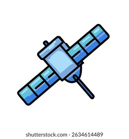Blue satellite orbits overhead against white backdrop artwork