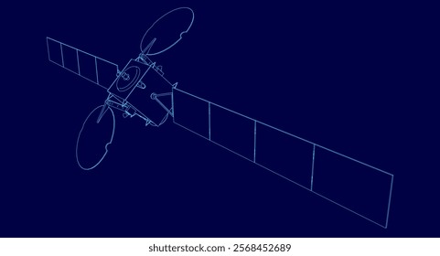 Blue satellite is shown in a blue background. The satellite is a large, thin object with a pointed end