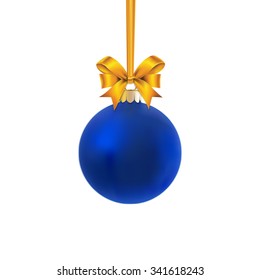 Blue satin bauble hanging on a gold ribbon with gold bow isolated on white.
