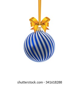 Blue satin bauble with silver stripes hanging on a gold ribbon with gold bow isolated on white.