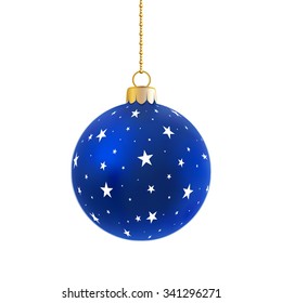 Blue satin bauble with stars hanging on a chain isolated on white.