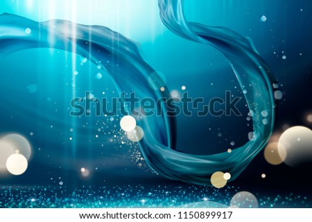 Blue satin design flying under shimmering water, 3d illustration