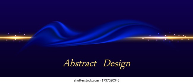 Ola de satén azul. Resumen de fondo, borde de lujo para diseño de pancartas. Giro ondulado azul profundo y línea dorada brillante. Ilustración del vector