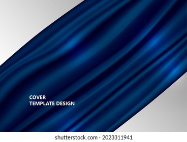 Blue satin wave background. Smooth shiny silk fabric texture, swirl of dark blue flow. Vector illustration